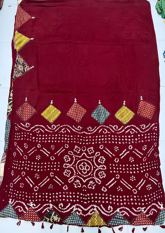 Modal Silk_Plain Saree_Bandhani Pallu_Mushroo_Patch_Mirror work_Brown