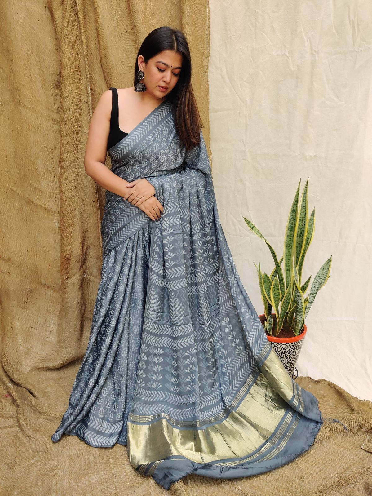 Pure Modal Dhabu Handblock Kalamkari Saree with Grey tissue Pallu