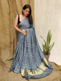 Pure Modal Dhabu Handblock Kalamkari Saree with Grey tissue Pallu