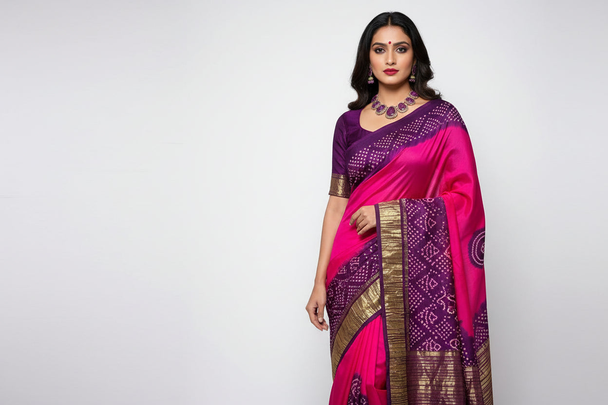 Modal Silk 2D Chakkar Bandhej Saree – Pink Body with Violet Pallu