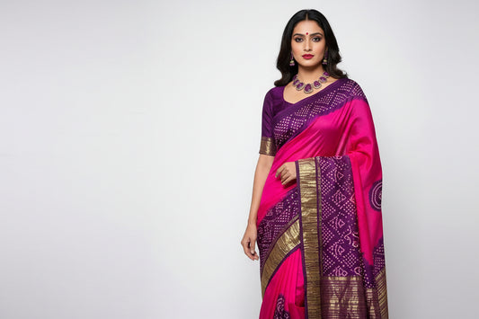 Modal Silk 2D Chakkar Bandhej Saree – Pink Body with Violet Pallu
