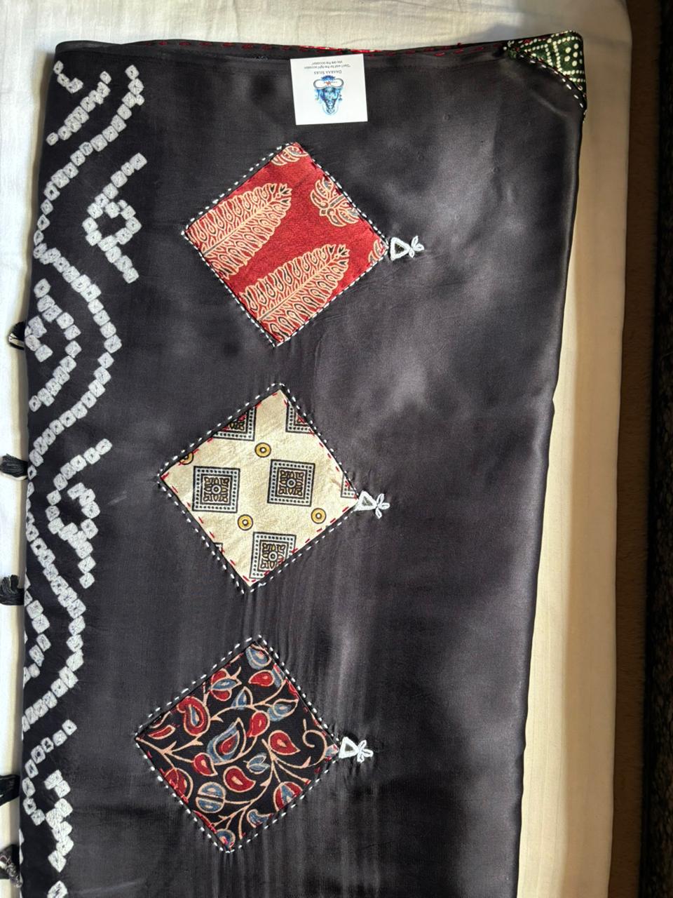 Modal Silk_Plain Saree_Bandhani Pallu_Mushroo_Patch_Mirror work_Black