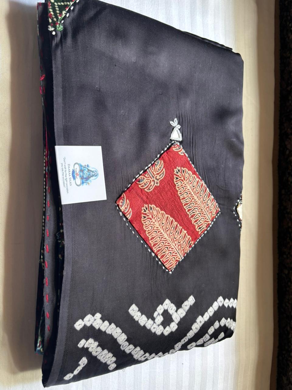 Modal Silk_Plain Saree_Bandhani Pallu_Mushroo_Patch_Mirror work_Black