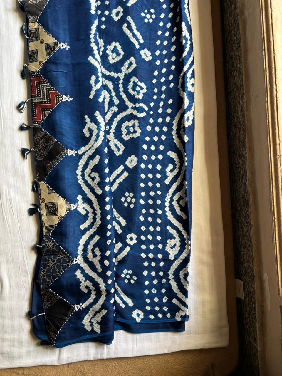 Modal Silk_Plain Saree_Bandhani Pallu_Mushroo_Patch_Mirror work_Blue