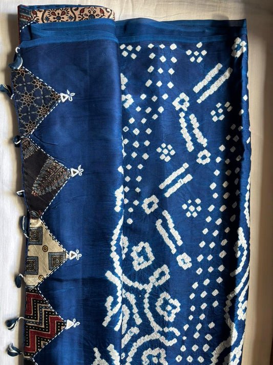 Modal Silk_Plain Saree_Bandhani Pallu_Mushroo_Patch_Mirror work_Blue