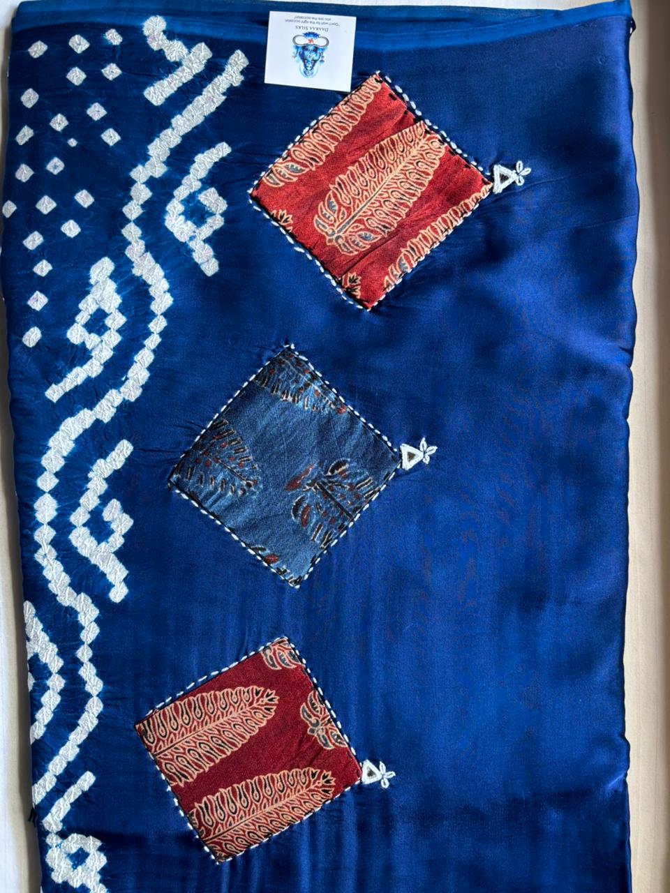 Modal Silk_Plain Saree_Bandhani Pallu_Mushroo_Patch_Mirror work_Blue