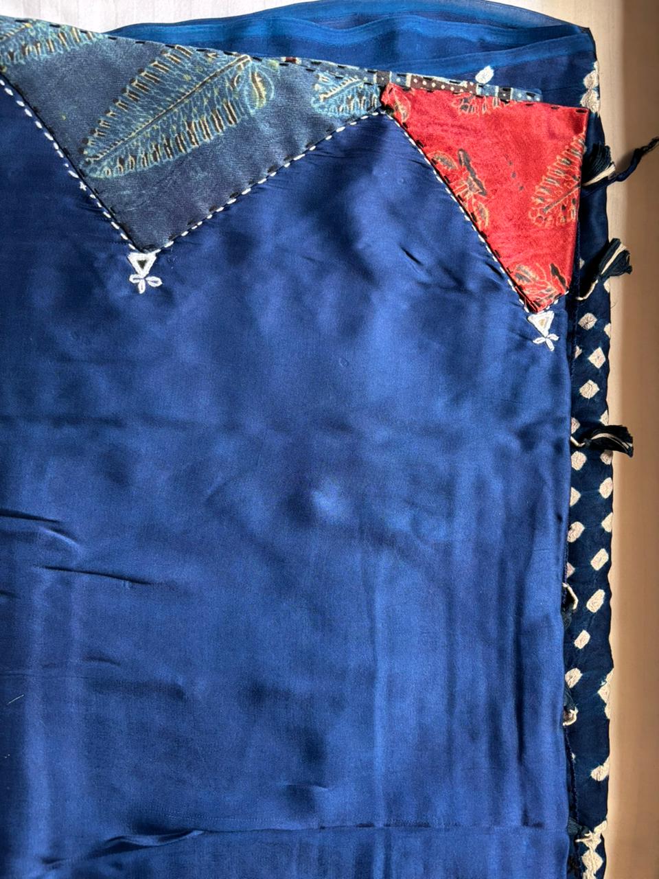 Modal Silk_Plain Saree_Bandhani Pallu_Mushroo_Patch_Mirror work_Blue