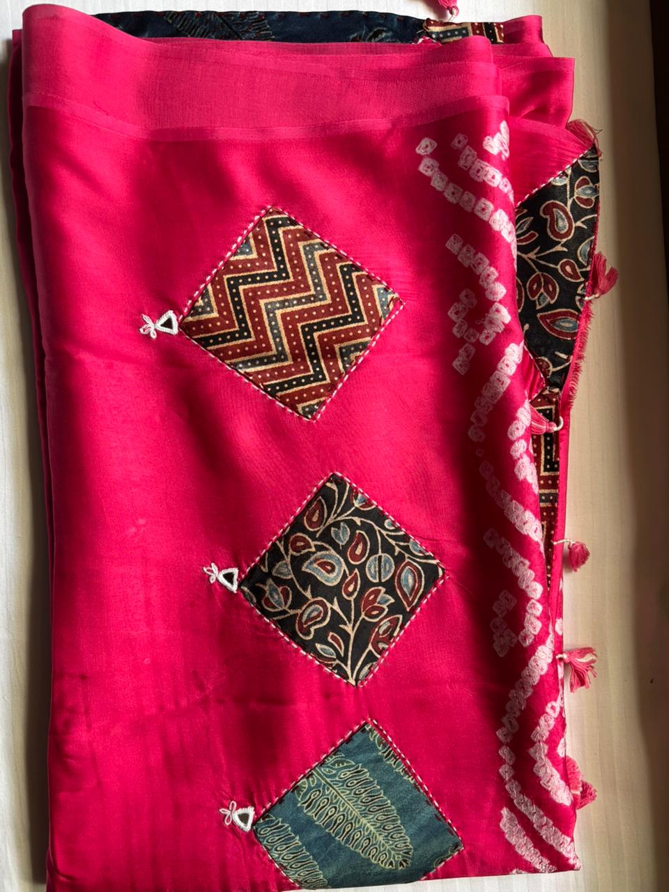 Modal Silk_Plain Saree_Bandhani Pallu_Mushroo_Patch_Mirror work_Red