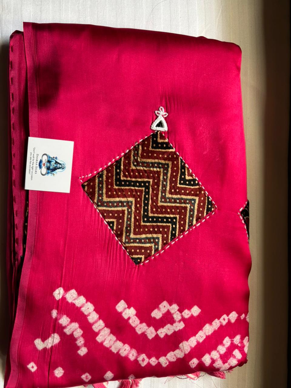 Modal Silk_Plain Saree_Bandhani Pallu_Mushroo_Patch_Mirror work_Red