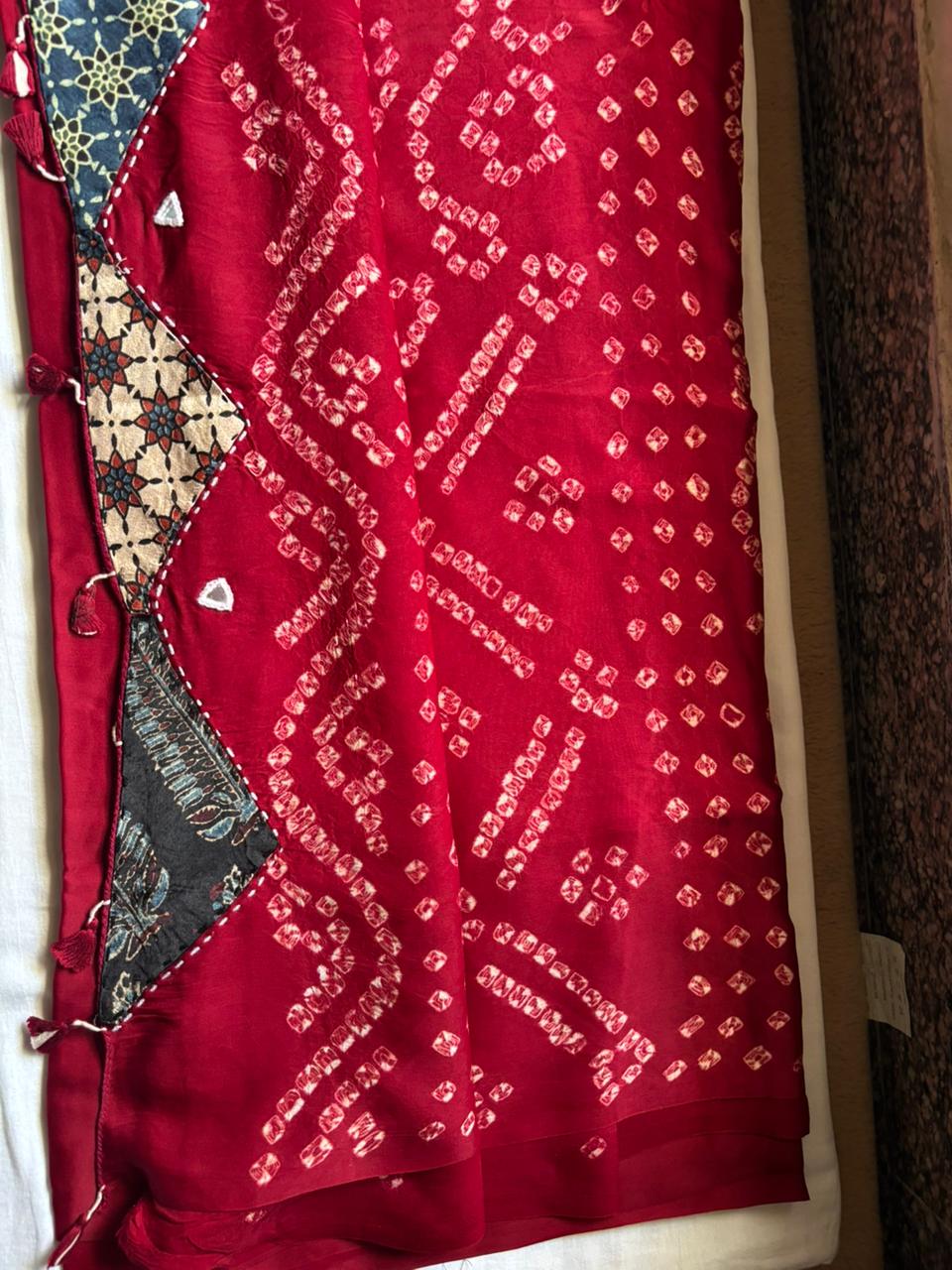 Modal Silk_Plain Saree_Bandhani Pallu_Mushroo_Patch_Mirror work_Red