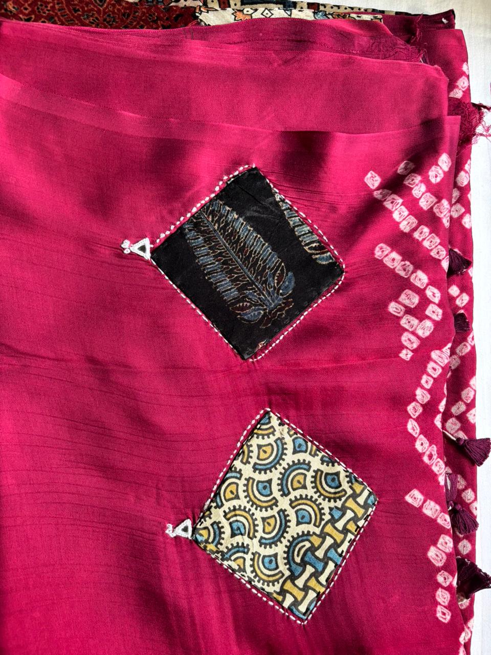 Modal Silk_Plain Saree_Bandhani Pallu_Mushroo_Patch_Mirror work_Rani Pink