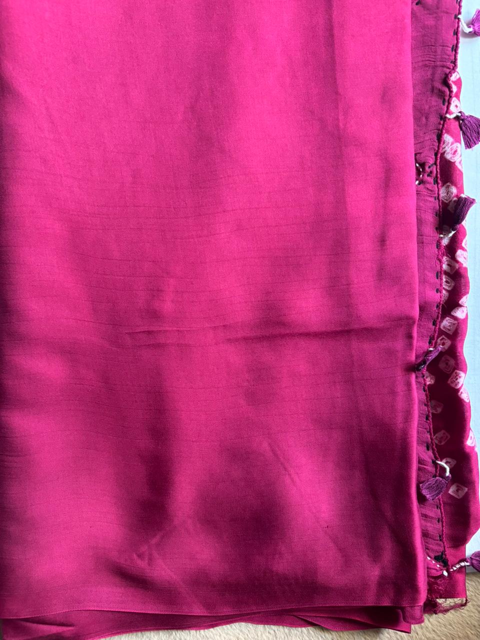 Modal Silk_Plain Saree_Bandhani Pallu_Mushroo_Patch_Mirror work_Rani Pink