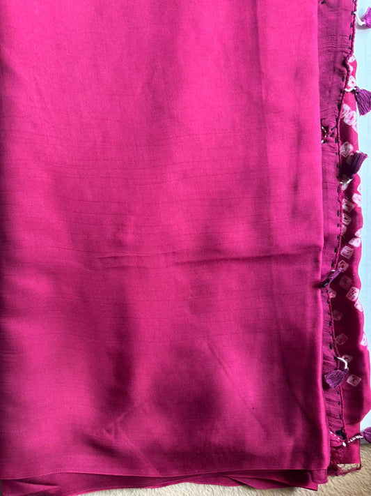 Modal Silk Bandhani Pallu Saree with Mirror Work – Rani Pink