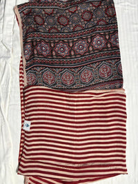 Pure Modal Ajrak Block Print Saree – White & Black Stripes