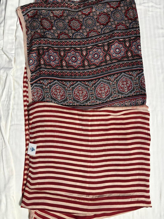 Pure Modal_Ajrak Pallu_White and Black Stripes