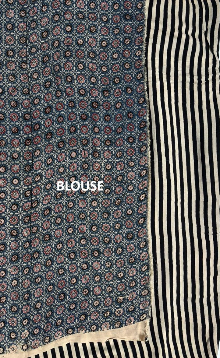 Pure Modal Ajrak Block Print Saree – White & Black Stripes (Everyday)