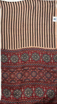 Pure Modal Ajrak Block Print Saree – White & Black Stripes with Red Pallu