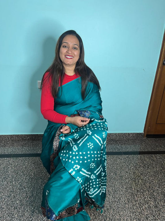 Modal Silk_Plain Saree_Bandhani Pallu_Mushroo_Patch_Mirror work_Green