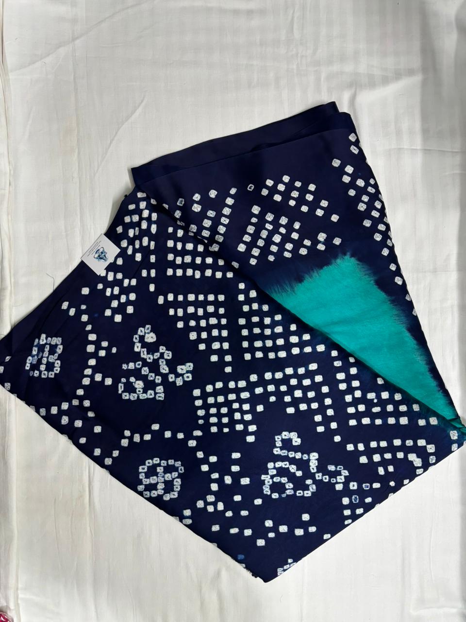 Modal Silk 2D Chakkar Bandhej Saree – Green Body with Blue Pallu