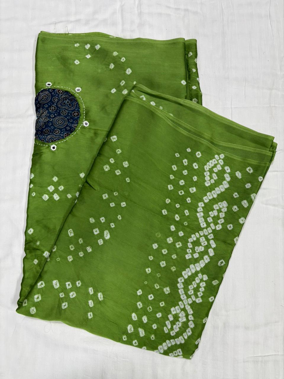 Pure Modal Bandhej Mushroo ajrakh Patch Work - Green
