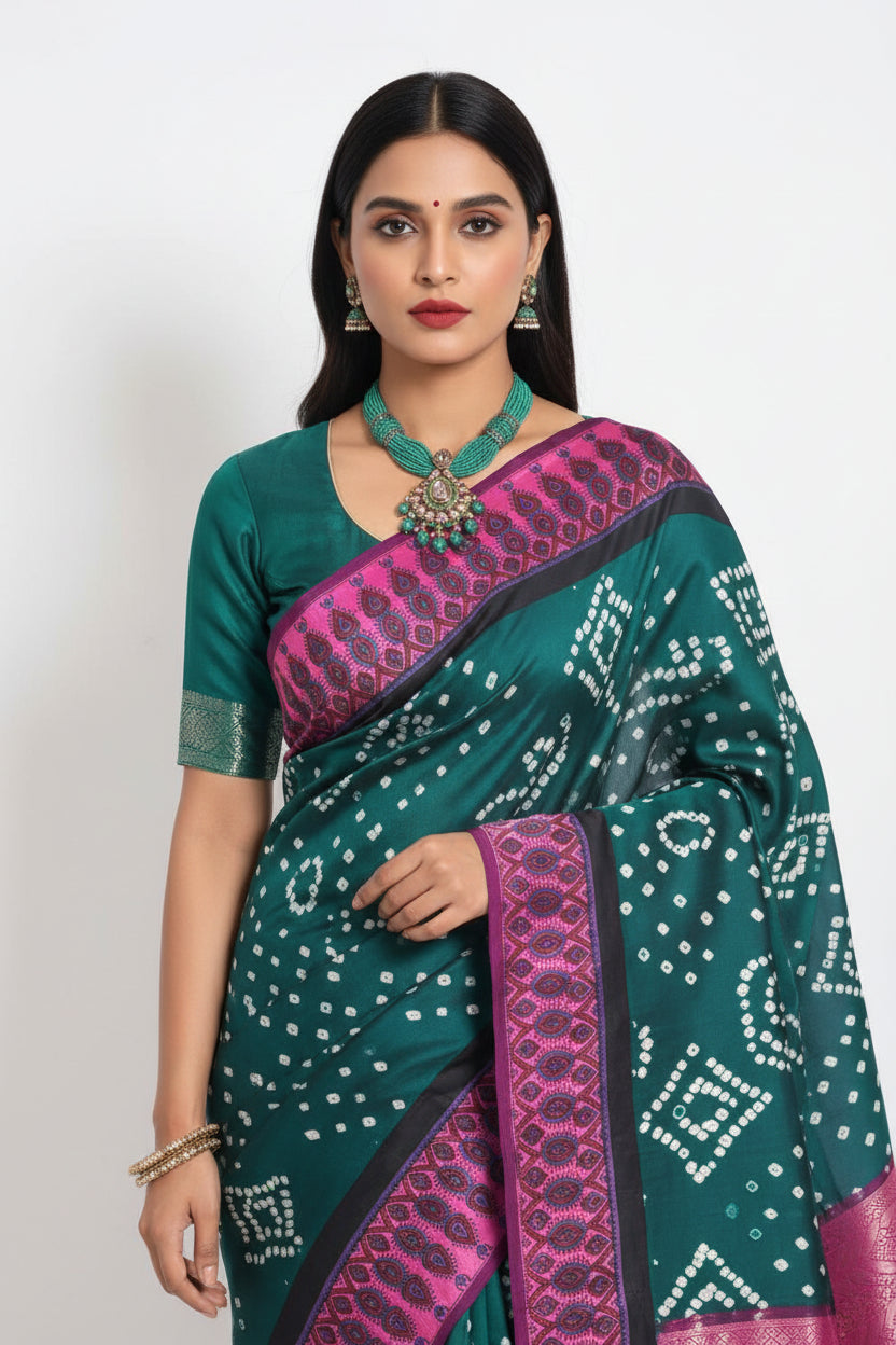 Modal Silk Bandhini Saree with Ajrak Pallu - Green Body & Pink Ajrak Pallu