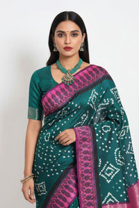 Modal Silk Bandhini Saree with Ajrak Pallu – Green Body & Pink Ajrak Pallu