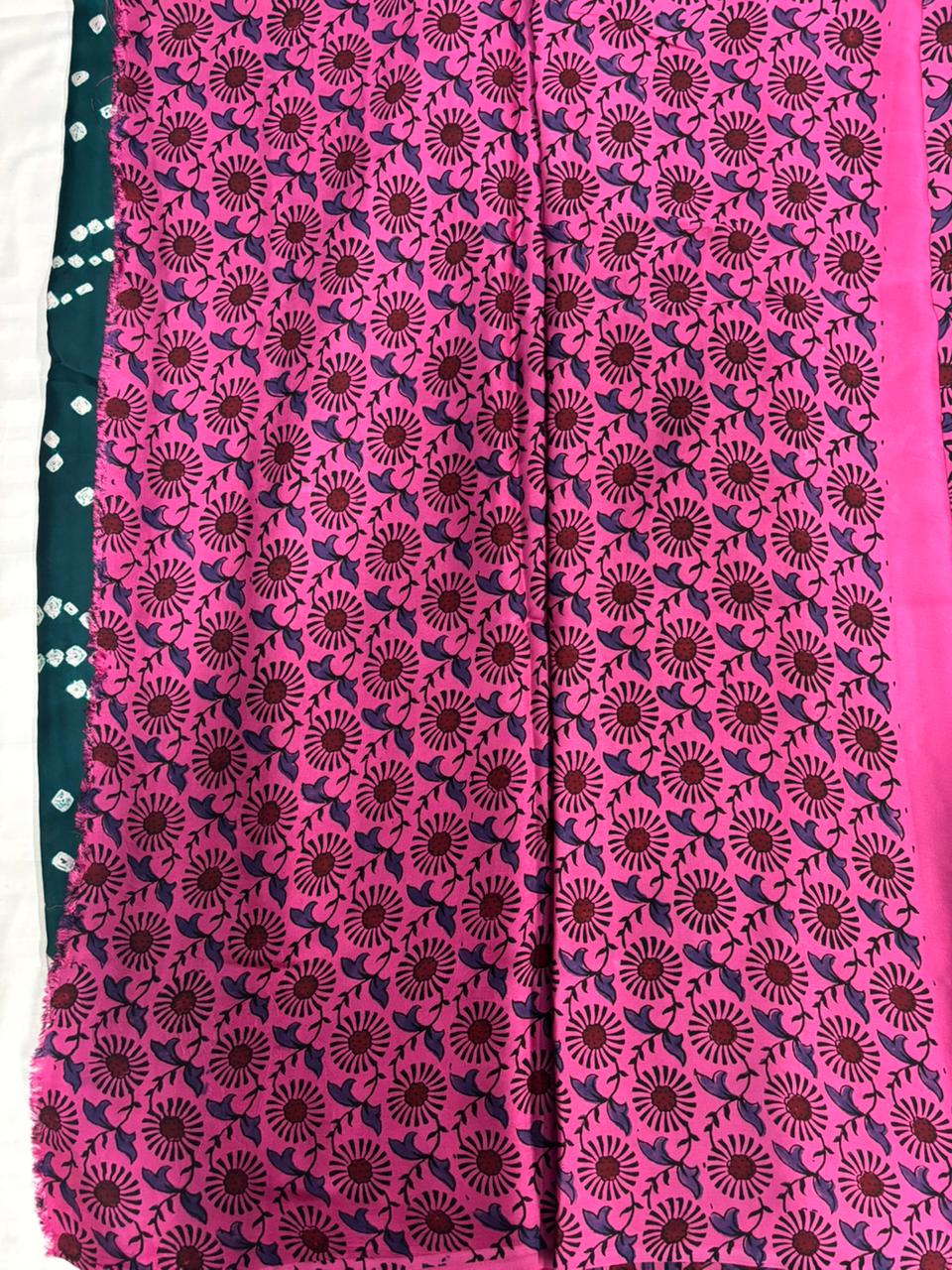 Modal Silk Bandhini Saree with Ajrak Pallu - Green Body & Pink Ajrak Pallu