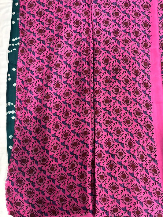Modal Silk Bandhini Saree with Ajrak Pallu – Green Body & Pink Ajrak Pallu