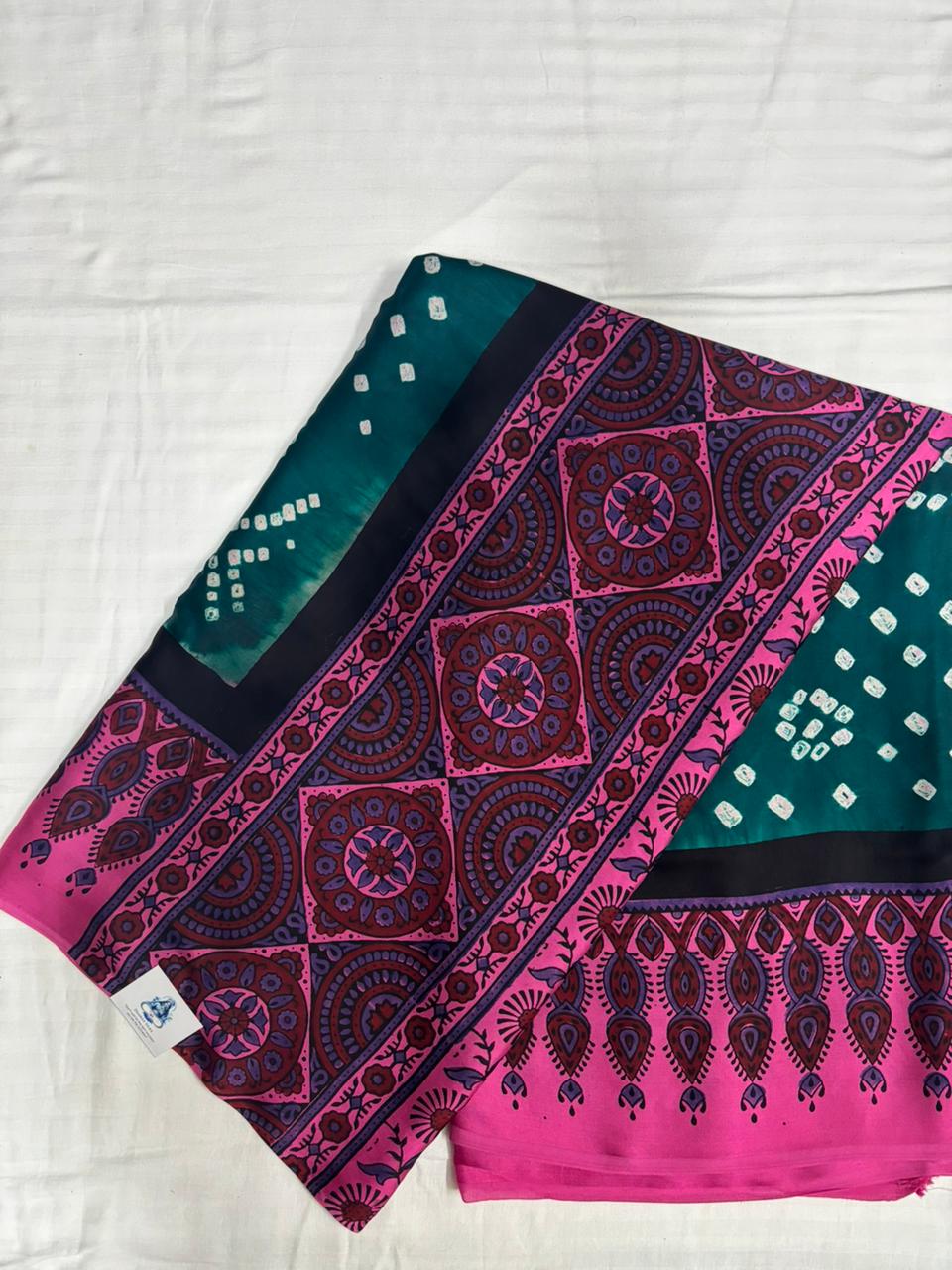 Modal Silk Bandhini Saree with Ajrak Pallu - Green Body & Pink Ajrak Pallu