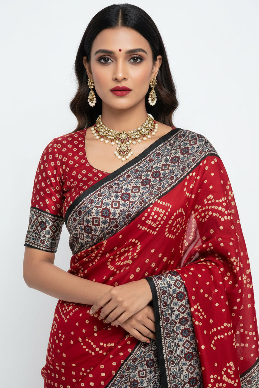 Modal Silk Bandhini Saree with Ajrak Pallu - Red Body & Grey Ajrak Pallu