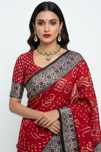 Modal Silk Bandhini Saree with Ajrak Pallu – Red Body & Grey Ajrak Pallu