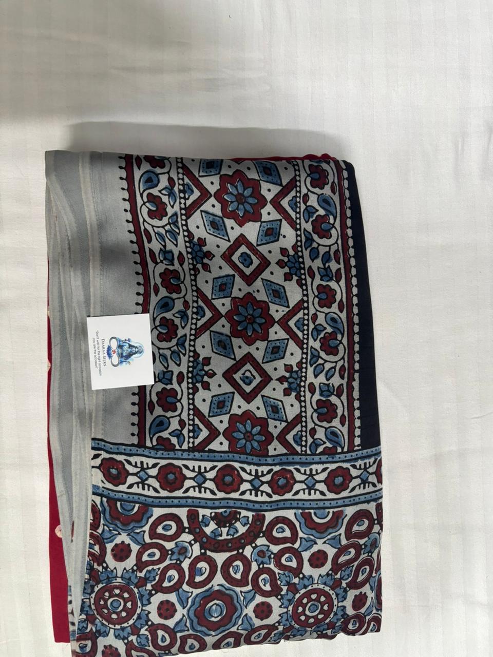 Modal Silk Bandhini Saree with Ajrak Pallu - Red Body & Grey Ajrak Pallu