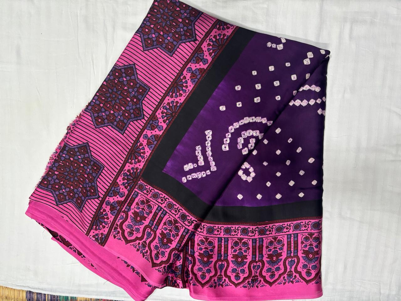 Modal Silk Bandhini Saree with Ajrak Pallu - Violet Body & Pink Ajrak Pallu