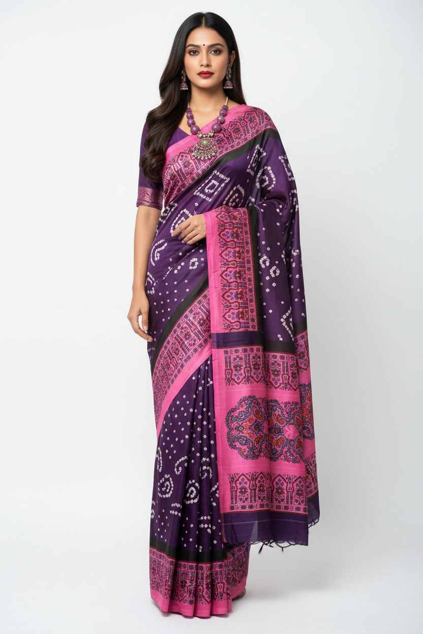 Modal Silk Bandhini Saree with Ajrak Pallu - Violet Body & Pink Ajrak Pallu