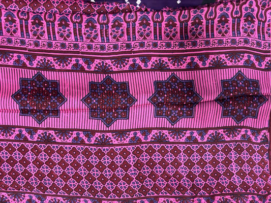 Modal Silk Bandhini Saree with Ajrak Pallu – Violet Body & Pink Ajrak Pallu