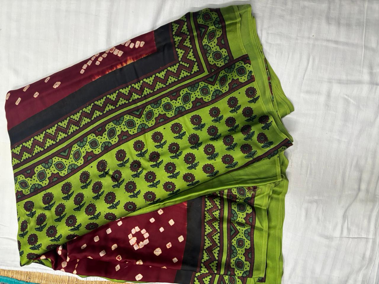 Modal Silk Bandhini Saree with Ajrak Pallu - Brown Body & Green Ajrak Pallu