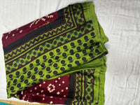 Modal Silk Bandhini Saree with Ajrak Pallu – Brown Body & Green Ajrak Pallu