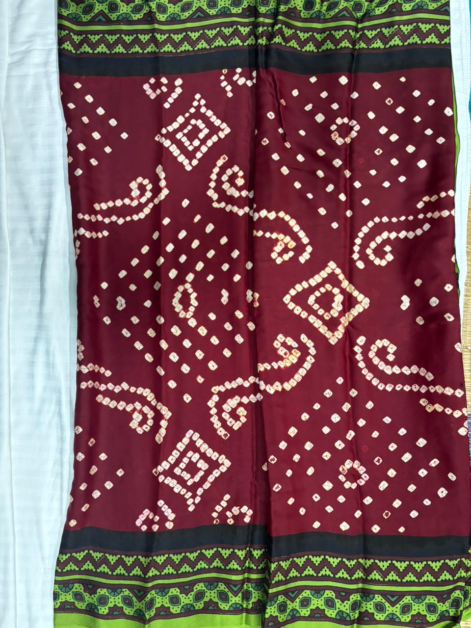 Modal Silk Bandhini Saree with Ajrak Pallu - Brown Body & Green Ajrak Pallu