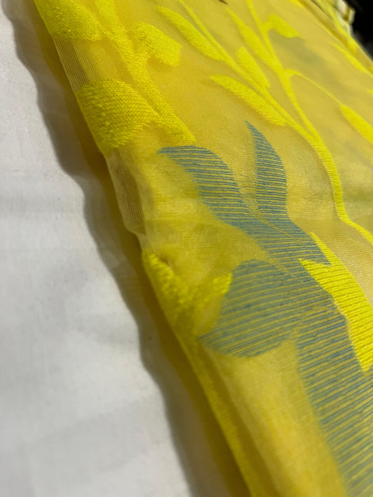 Dhaka Muslin Silk Jamdani Saree - Bright Yellow with Woven Floral Motifs