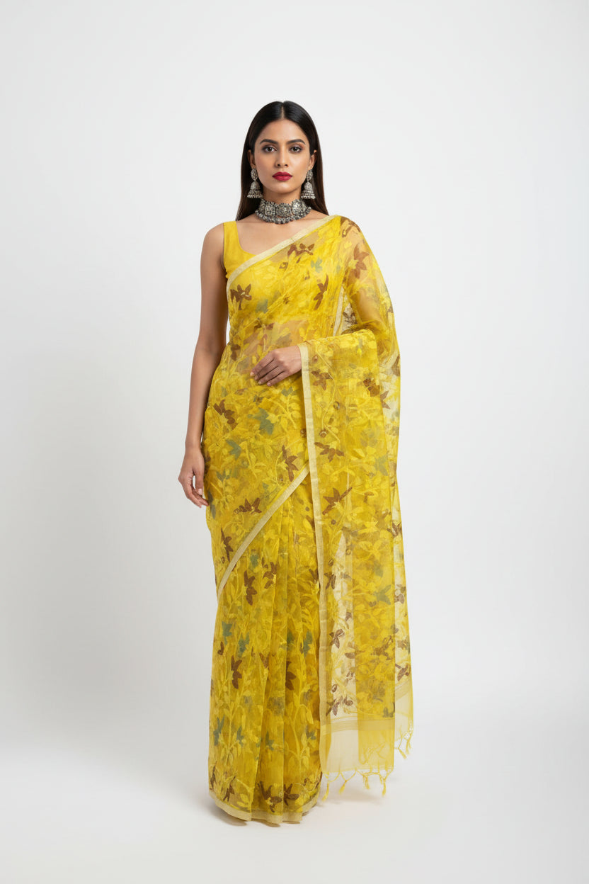 Dhaka Muslin Silk Jamdani Saree - Bright Yellow with Woven Floral Motifs