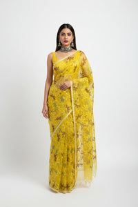Dhaka Muslin Silk Jamdani Saree - Bright Yellow with Woven Floral Motifs