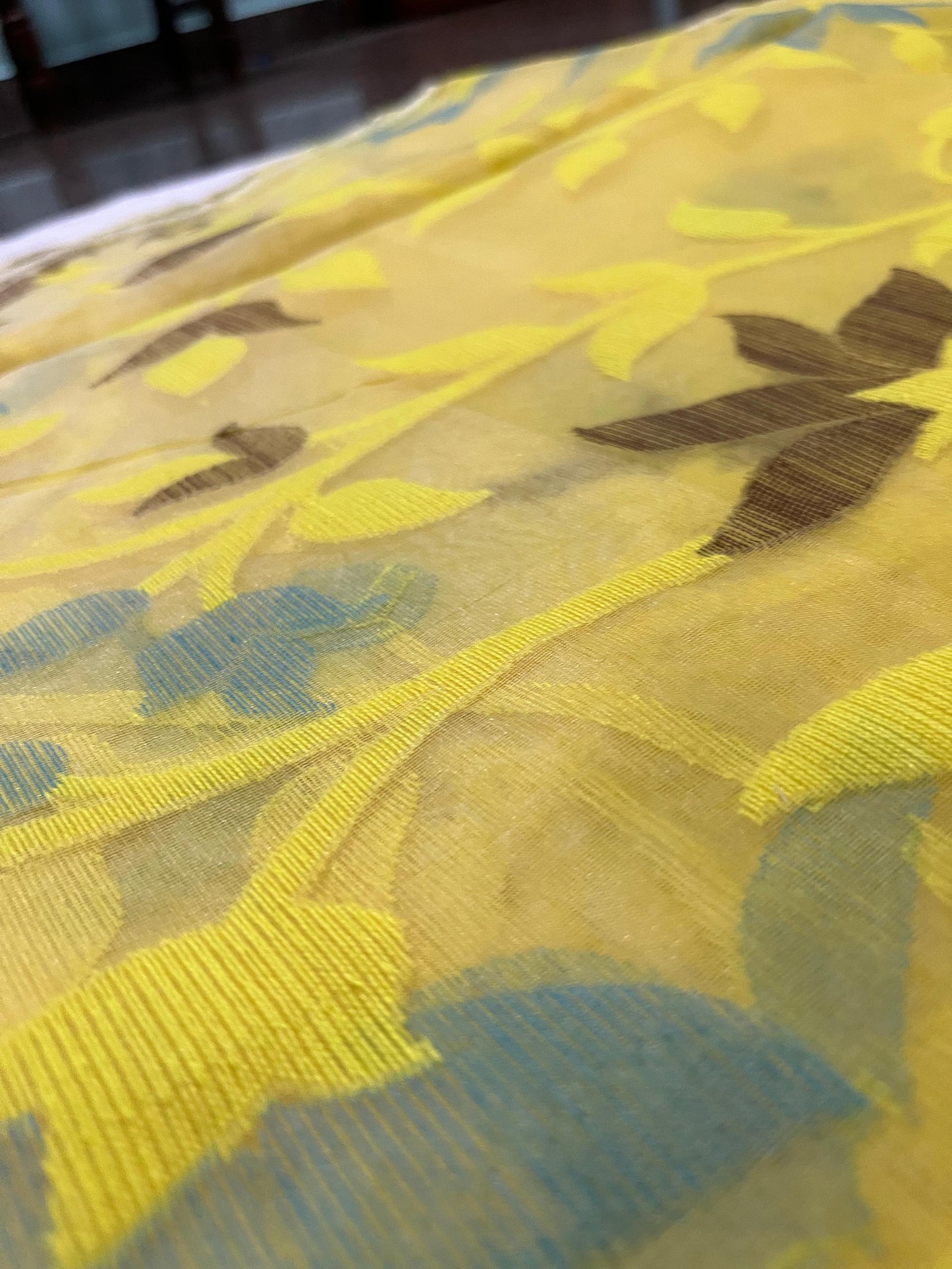 Dhaka Muslin Silk Jamdani Saree - Bright Yellow with Woven Floral Motifs