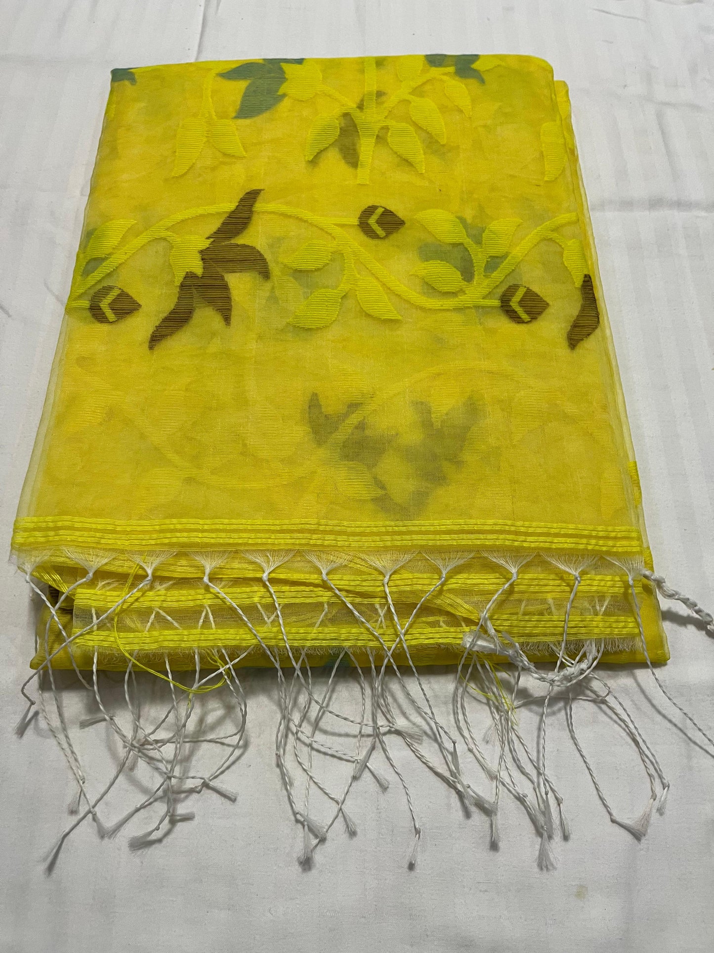 Dhaka Muslin Silk Jamdani Saree - Bright Yellow with Woven Floral Motifs