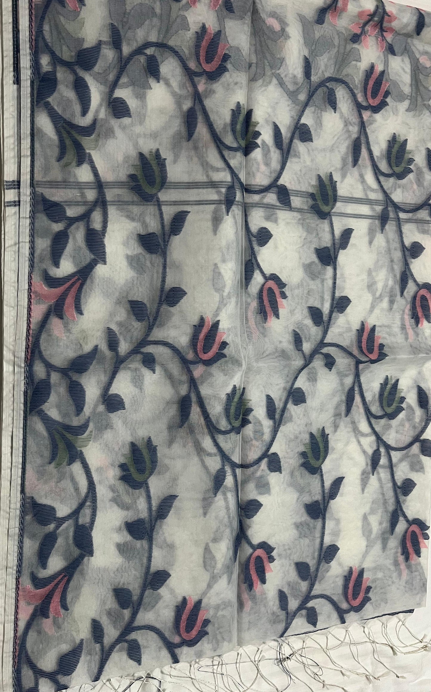 Dhaka Muslin Silk Jamdhani - White & Pink Floral Weave