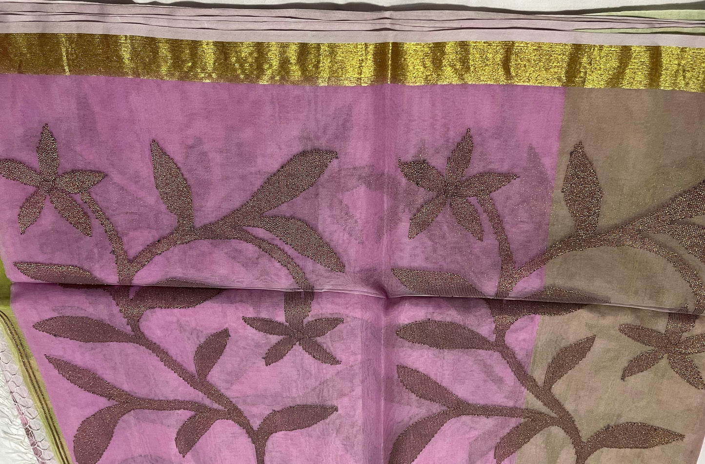 Dhaka Muslin Silk Jamdhani – Pink and Green Floral Weave