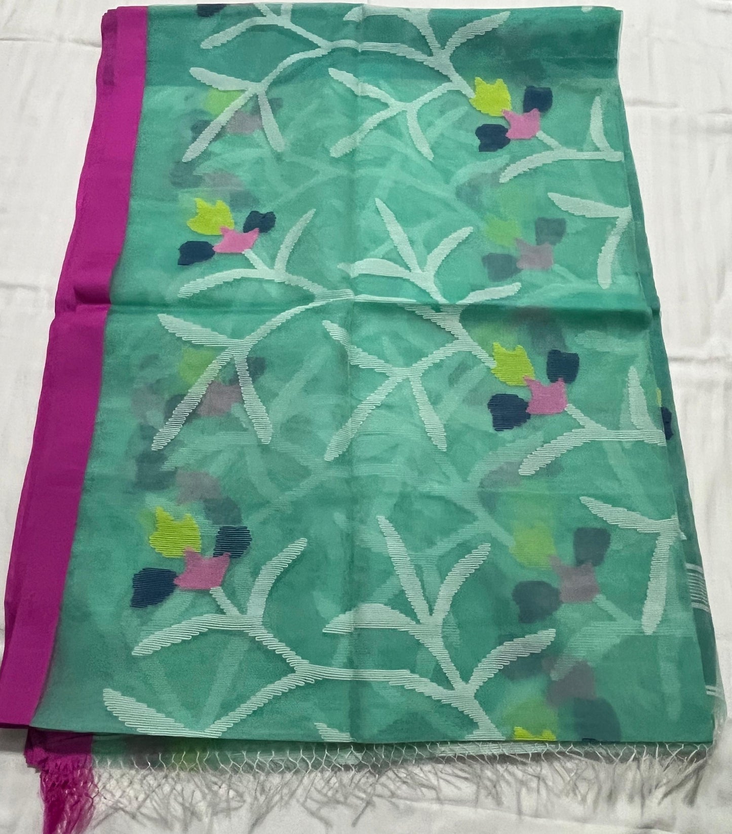Dhaka Muslin Silk Jamdhani – Green Floral Weave