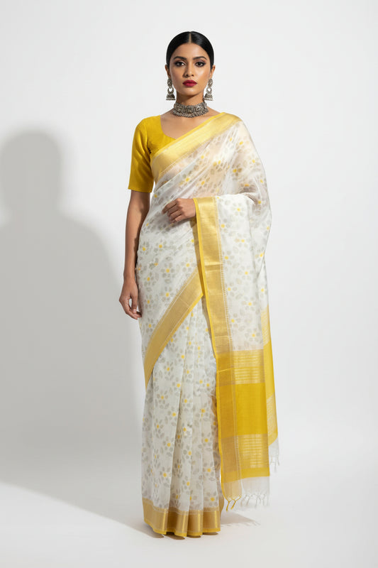 Muslin Silk Dhaka Jamdhani- White Saree with Seetu Floral Work