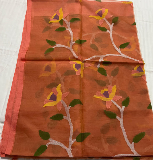 Dhaka Muslin Silk Jamdani Saree - Soft Peach with Elegant Woven Motifs