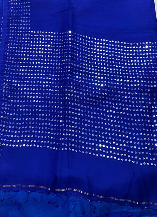 Muslin Silk Saree – Royal Blue with Sparkling Chumki Work