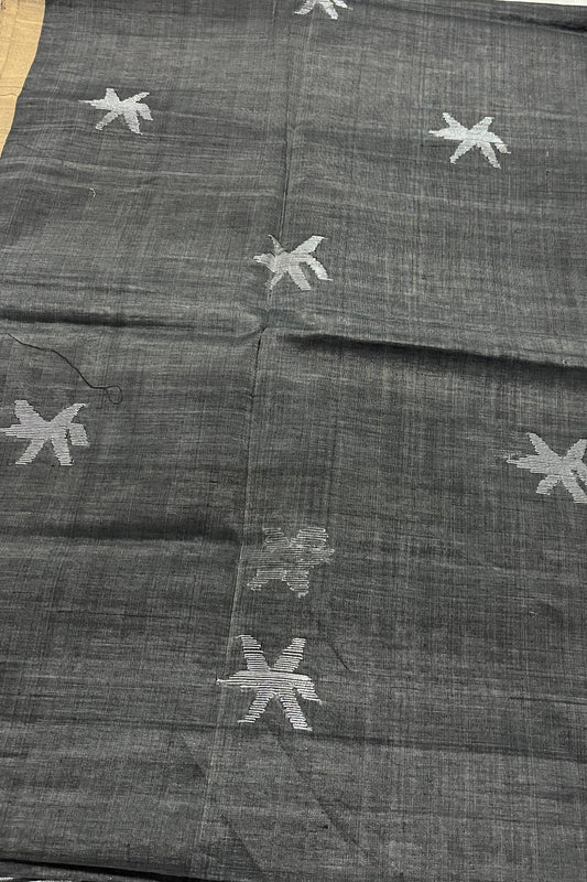 Khadi Jamdani Saree – Grey with Silver Floral Weave